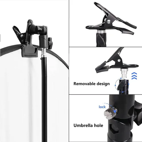 Vista 4 de 2 soportes de abrazadera de metal resistente con soporte de luz de 5/8 pulgadas, abrazadera reflectora con agujero para paraguas y montaje