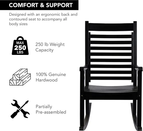 Vista 4 de Silla mecedora de madera moderna de Shine Company, balancín de porche ergonómico de asiento ancho, color negro