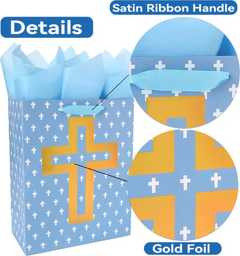 Vista 4 de Juego de bolsa de regalo azul grande de 13 pulgadas con tarjeta de felicitación y papel de seda (diseño de cruz de aluminio), papel de seda