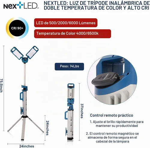 Vista 2 de NextLED Ultimate NT-6926M - Luz de trabajo de trípode resistente con cabezal de lámpara magnética desmontable, 6000 lúmenes, temperatura