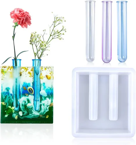 Vista 8 de Moldes de resina de corazón de silicona para estación de propagación de plantas, moldes de silicona para fundición de resina con 3 tubos de ensayo