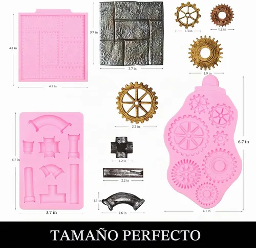 Vista 2 de Steampunk Gear - Moldes de silicona, 3 paquetes de tubería de agua remachada placa de metal molde de chocolate para decoración de pasteles