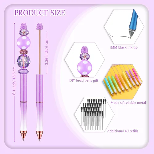 Vista 2 de Chivao 20 bolígrafos de metal con cuentas, varios colores, con 40 repuestos, tinta negra para niños, mujeres, estudiantes, regalo, oficina, escuela