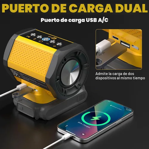 Vista 7 de Altavoz Bluetooth apto para batería DeWALT 20v Max Carga USB-A/C para fiesta de camping en el lugar de trabajo (batería no incluida)