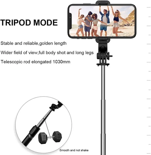 Vista 6 de Trípode para selfie, soporte de trípode 4 en 1 con control remoto inalámbrico desmontable, soporte para teléfono inteligente compatible con iPhone