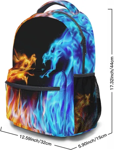 Vista 2 de Miaoquhe Mochila escolar con diseño de dragón de hielo azul y fuego, resistente al agua, para niños, escuela, al aire libre, viajes, Fuego dorado
