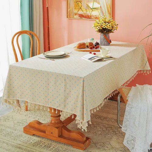 Vista 4 de YUURAINVUVU Mantel de mesa color crema con margaritas azules, manteles rústicos de lino de algodón, manteles de arpillera para cocina, comedor
