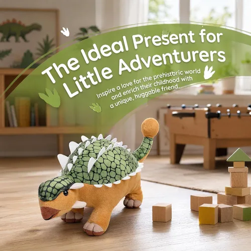 Vista 6 de Juguete de peluche de dinosaurio anquilosaurio de simulación, peluche de dragón de dinosaurio verde de 14 pulgadas, figuras de dinosaurio