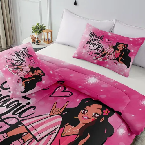 Vista 6 de Juego de edredón de niña negra tamaño individual para niños, juegos de ropa de cama mágica de niña negra, juego de edredón de princesa melanina