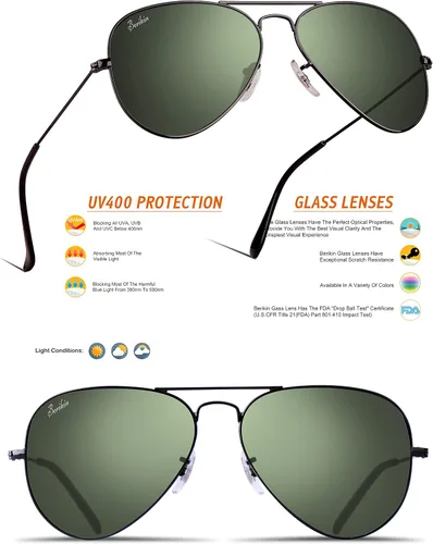 Vista 4 de Berikin Gafas de sol clásicas estilo aviador con revestimiento de espejo para hombres y mujeres, 100% protección UV400, lentes de cristal verde