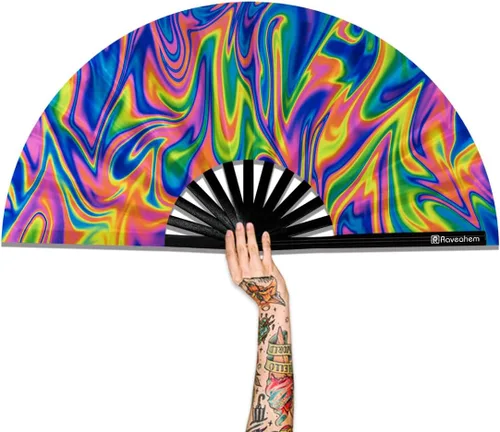 Vista 21 de Abanico Plegable Grande, Abanico Rave Clack de 13 Pulgadas, Abanico de Mano para Mujeres y Hombres con Tela de Satén Premium, Marco de Bambú Grueso