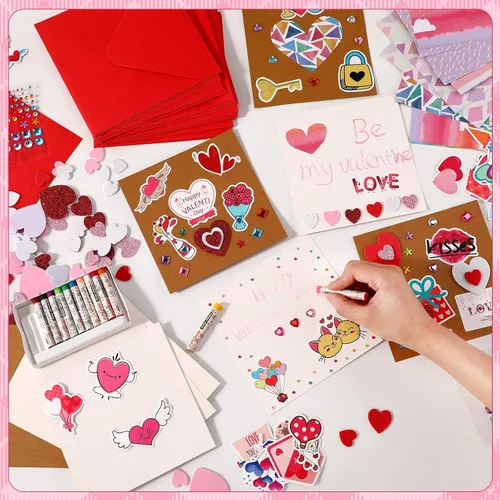 Vista 4 de Zonon Paquete de 32 manualidades de San Valentín, kits de San Valentín, tarjeta de San Valentín con sobres, calcomanías de espuma de corazón