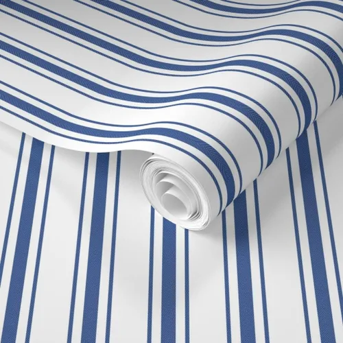 Vista 2 de Muestra de papel tapiz extraíble, diseño de rayas francesas con patrón de rayas azul oscuro, blanco, papel pintado prepegado personalizado por