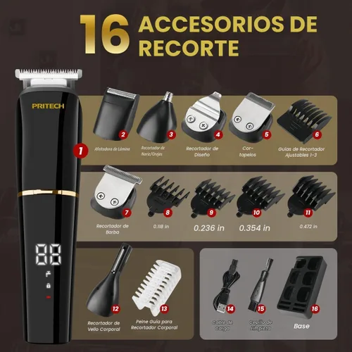 Vista 5 de PRITECH Cortadora de barba para hombres, kit de cortapelos 6 en 1, kit de aseo inalámbrico de precisión impermeable IPX6 para barba, cabello Negro