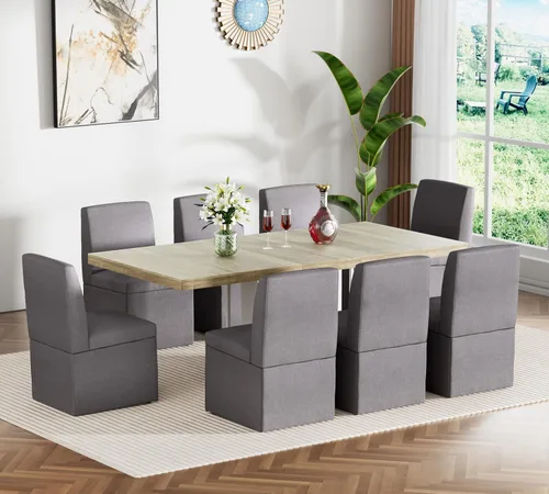 Vista 20 de Juego de mesa de comedor extensible para mesa de cocina extensible de 4, 5 piezas y 4 sillas de almacenamiento ocultas de lino tapizadas de madera