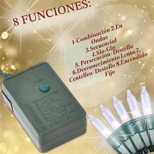 Vista 3 de Holiday Essence Luces de Navidad Intermitentes, Controlador de 8 Funciones, 140 Mini Bombillas Transparentes, Cable Verde, Luces de Cadena