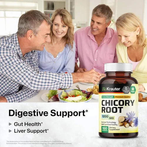 Vista 2 de BIO KRAUTER® Raíz de achicoria para apoyo intestinal y digestivo, prebióticos veganos puros y suplemento de fibra en cápsulas de 1200 mg por