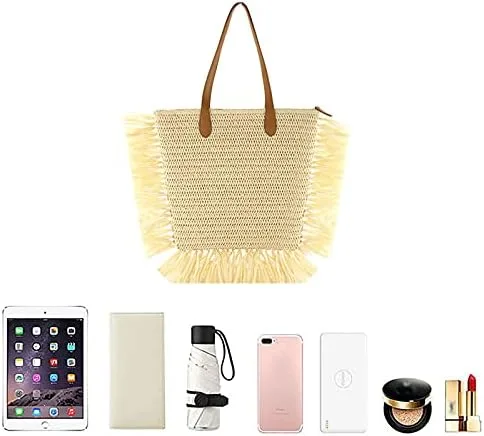Vista 5 de Women Large Fringe Straw Woven Shoulder Bag Summer Beach Top-Handle Bag Travel Tote