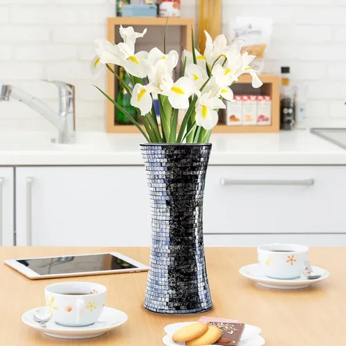 Vista 3 de Florero de vidrio de mosaico, jarrones de vidrio negro de 11.6 pulgadas para centros de mesa