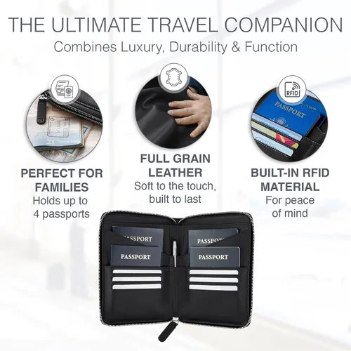 Vista 2 de Soporte para pasaporte familiar de cuero de grano completo para 4 pasaportes - Soporte RFID para pasaporte y organizador de documentos de viaje