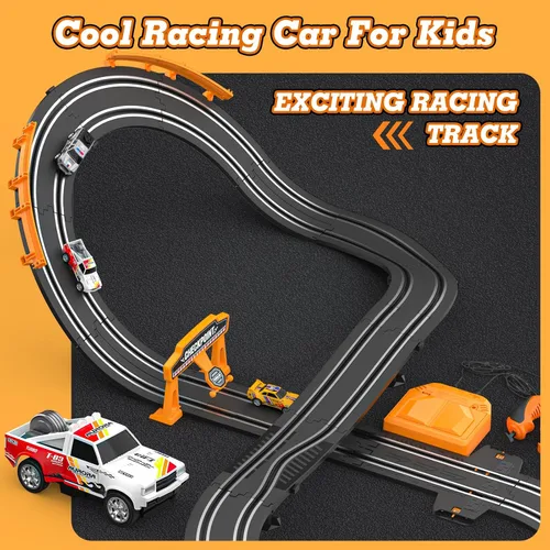 Vista 5 de Conjuntos de Pista de Carreras de Slot con Autos de Carreras de Alta Velocidad 1:64, Pista de Coches Eléctricos o con Batería, Juego Dual
