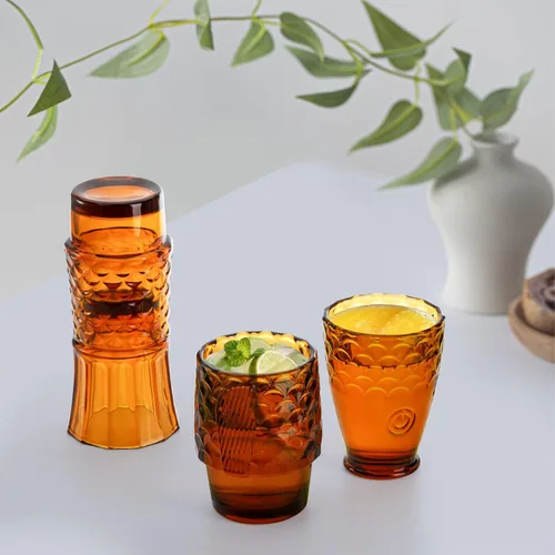 Vista 7 de Juego de 4 vasos para beber con diseño de pez Koi, vasos de ámbar apilables, vasos para bebidas, vasos de jugo, vasos de agua potable, cristalería