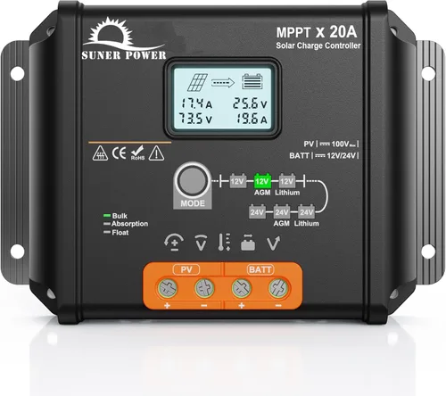 Vista 9 de SUNER POWER Controlador de Carga Solar MPPT de 10 Amperios 12V, Pantalla LCD + Estado de Carga, Regulador de Panel Solar 10A con Sensor