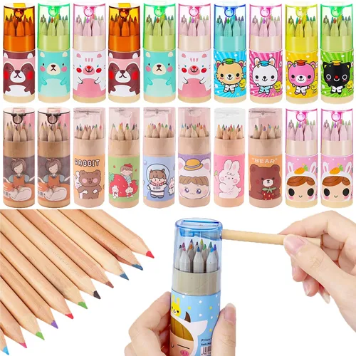 Vista 8 de Tergy - 8 paquetes de lápices de colores mini con sacapuntas en tubo, lápices de dibujo portátiles de arte de dibujos animados para niños y adultos