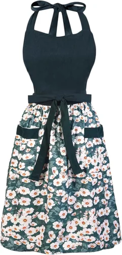 Vista 16 de Bonitos delantales florales para mujer con bolsillos, delantal de algodón ajustable con correa para el cuello para cocina, cocina, hornear