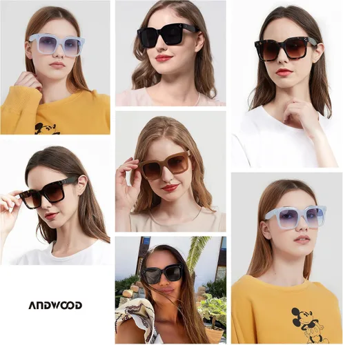 Vista 4 de ANDWOOD Lentes de sol de gran tamaño para mujer, marco ancho cuadrado, retro, moderno, protección UV