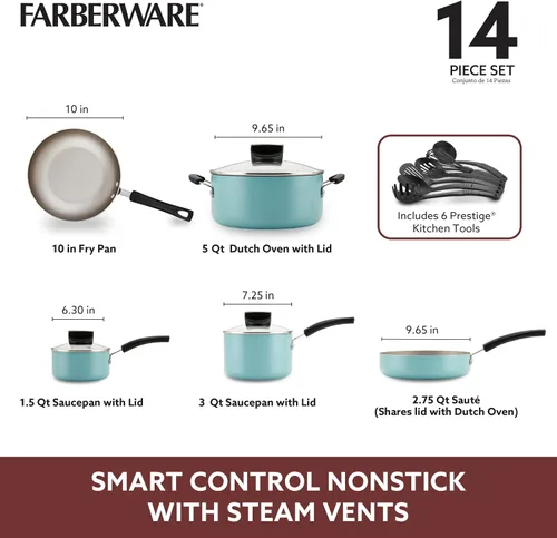 Vista 8 de Farberware Smart Control - Juego de ollas y sartenes antiadherentes, 14 piezas, color aguamarina