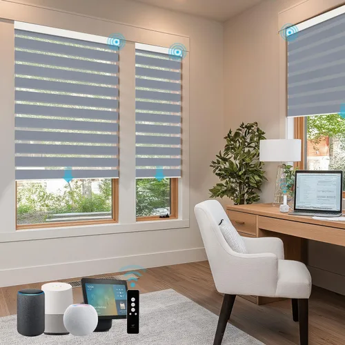 Vista 29 de SmartWings Persianas motorizadas de cebra con cenefa funcionan con Homekit Thread Alexa Z-Wave Smart de doble capa con control remoto, persiana