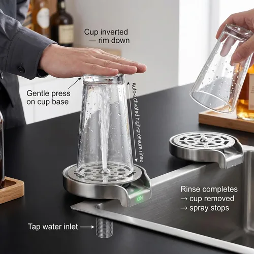 Vista 8 de Lavadora automática de botellas y grifo de acero inoxidable - Accesorio de fregadero G1/2 giratorio 360 para el hogar y la cafetería