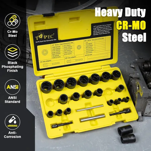Vista 2 de Kit extractor de pernos, juego de 24 piezas de enchufes extractores de pernos y tuercas con adaptador y pasador de golpeo, kit de extracción