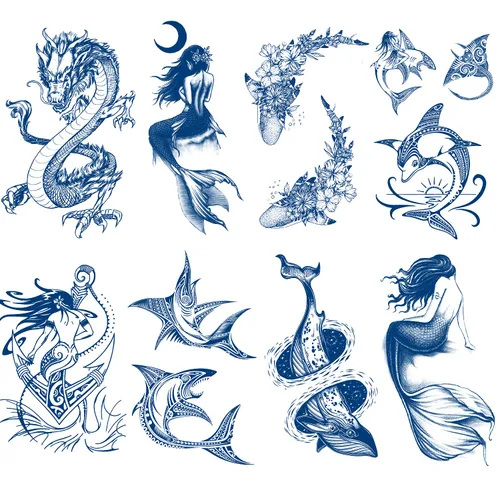 Vista 3 de Tatuajes semipermanentes, tatuajes temporales, 8 hojas de tinta a base de plantas tatuajes de flores azules para adultos, mujeres, niñas y niños