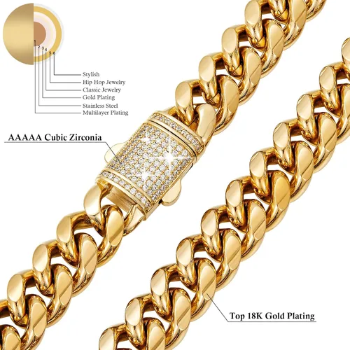 Vista 3 de SUNFERE Cuban Link BraceletNecklace for Men 81014mm 18K Gold Plated 316L Stainless Steel Diamond Clasp Hip Hop Bracelets for Men Jewelry Gift