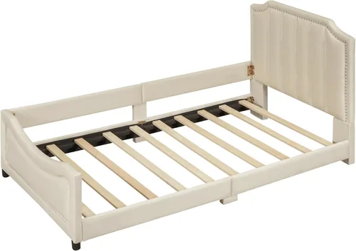 Vista 9 de VilroCaz Sofá cama de terciopelo tamaño individual con cabecero clásico en forma de rayas, plataforma tapizada, marco de cama de capitán