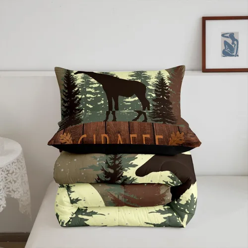Vista 6 de Castle Fairy Cute Giraffe Bedding Set Twin Size 2 Pcs,Lodge Cabin Jungle Rustic Style Comforter Set for Kids Teens Adults,Wild Animal Pine Trees