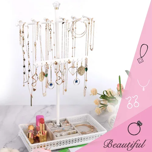 Vista 3 de Meangood Organizador de soporte para árbol de joyería 3 en 1, organizador de collares, pulseras, aretes y bandeja de anillos, soporte de joyería