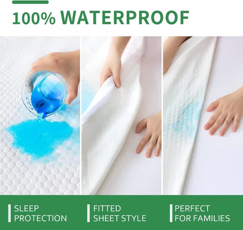 Vista 4 de Protector de colchón Queen impermeable, refrescante, tela transpirable de viscosa 3D, bolsillo profundo de 8-18 pulgadas, lavable, sin ruido