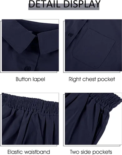 Vista 4 de PEHMEA Conjunto de 2 piezas para mujer, de algodón, lino, con botones, camisa y pantalones cortos de cintura alta
