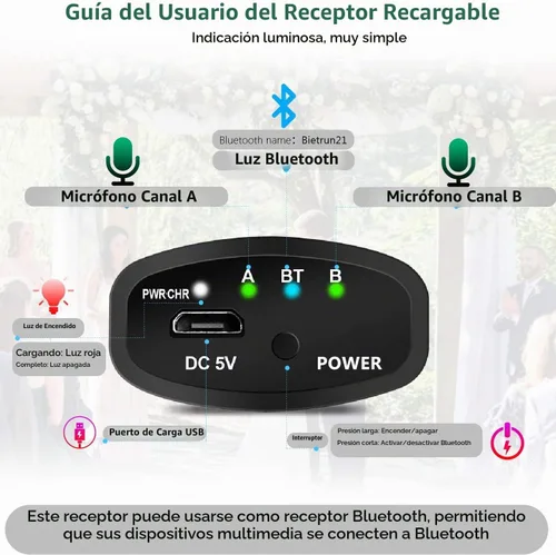 Vista 7 de Micrófono inalámbrico con Bluetooth, sistema de micrófono de metal dinámico de mano dual UHF profesional con receptor recargable, rango de 160 pies