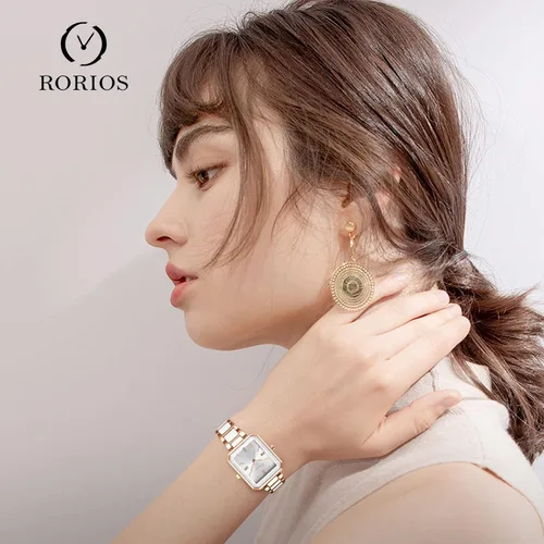 Vista 2 de RORIOS Reloj analógico de cuarzo para mujer, con correa de cerámica, reloj de pulsera cuadrado impermeable para mujeres y mujeres