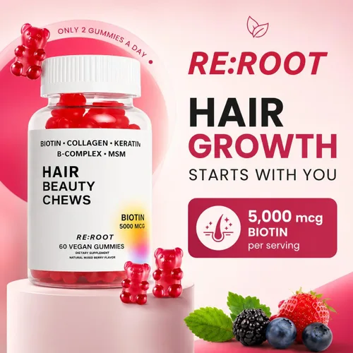 Vista 2 de RE:ROOT Gomitas para el crecimiento del cabello, 5,000 mcg de biotina con colágeno, queratina y MSM, soporte para cabello, piel y uñas, 60 gomitas
