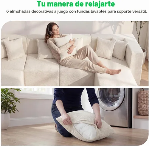 Vista 8 de MONVANE Sofá seccional deshuesado en forma de L de gran tamaño, chenilla Chenille-beige