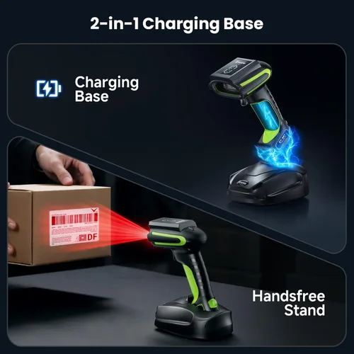 Vista 7 de Eyoyo Escáner de código de barras inalámbrico industrial: escáner Bluetooth impermeable 3 en 1 con base de carga e indicador de batería, lector