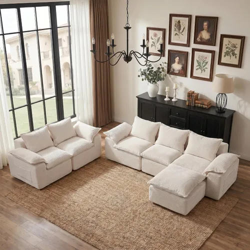 Vista 13 de Sofá en forma de L de 108 pulgadas para sala de estar, sofá convertible en forma de L sin hueso con otomana, sofá comprimido de 3 plazas, sofá