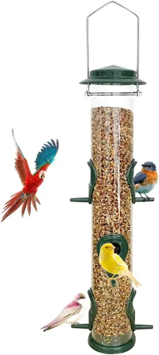 Vista 18 de MIXXIDEA 1PK Alimentadores de pájaros metálicos con 6 puertos de alimentación, alimentador de pájaros de tubo con colgador de acero, alimentador