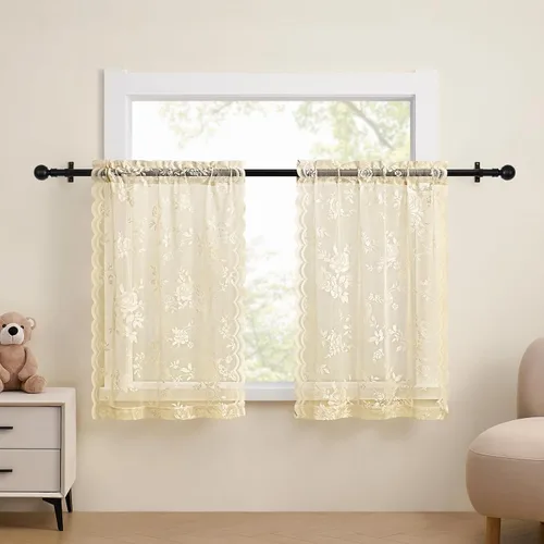 Vista 2 de Cortinas de encaje beige, juego de 2 paneles de cortinas traslúcidas con bolsillo para cortinero, decoración de ventana pequeña, baño, sótano