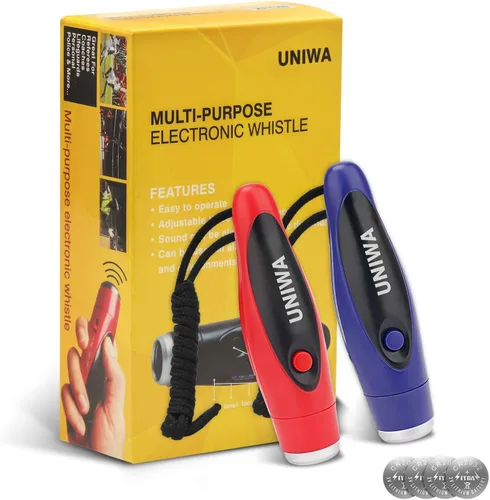 Vista 9 de UNIWA Silbatos electrónicos, 2 unidades de silbato de mano de 3 tonos de alto volumen con cordón para profesor, entrenador, árbitro, silbato
